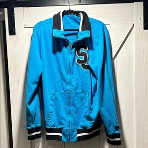 Sean John Bright Blue Varsity Zip-Up Bomber Jacket with Black & White Trim